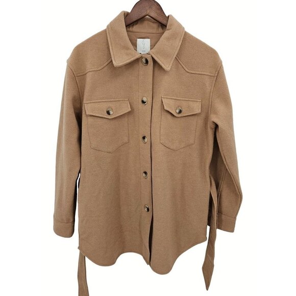 Joie Mid Length Jacket Shacket Sz M Tan Camel Lined Button Down Belted Pockets - Picture 3 of 9